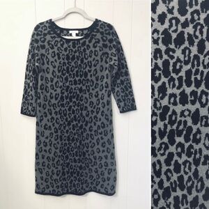 Garnet Hill 100% Merino Wool Leopard Sweater Dress Gray Black Small